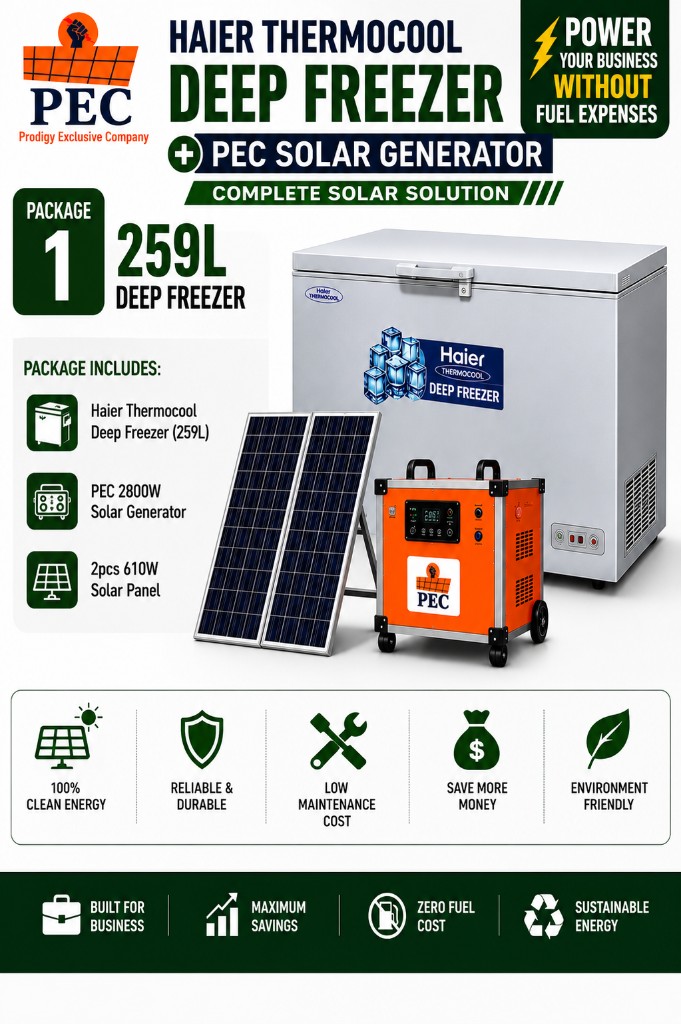 Package 1 — 259L Haier Thermocool + PEC 2800W solar freezer bundle